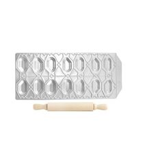 IMPERIA Ιταλίας Raviolamp Φόρμα Design 14 θέσεων Αλουμινίου Ασημί για Ζυμαρικά Pesciolini 32x14x1.5cm και Ξύλινος Πλάστης