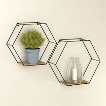 TEKNO-TEL Ράφια Διακοσμητικά 30x10x26cm και 26.5x10x23cm Εξάγωνο Σχήμα Ατσάλι Βαμμένο Μαύρο με Βάση MDF
