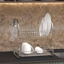 TEKNO-TEL Πιατοθήκη Στεγνωτήριο 2όροφο 46x30x44cm 15 Θέσεις Πιάτων Ανοξείδωτη με Θήκη και Δίσκο