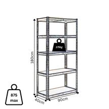 VESTA Μεταλλική Γαλβανιζέ Ραφιέρα Dexion 5όροφη 90x40x180cm με Μοριοσανίδες Πάχους 4mm 13.4kg Πάχος Δοκών 0.63mm MAX Αντοχή 875kg (175kg / Ράφι) Μαύρη