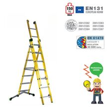 Σκάλα Fiberglass 3X9 (8+9+9) Επαγγελματική Σκαλιά Αλουμινίου Μόνωση ΜΑΧ Ύψος 6.25cm Βάρος 29kg MAX Αντοχή 150kg Πιστοποίηση EN131 TUV EN 61478