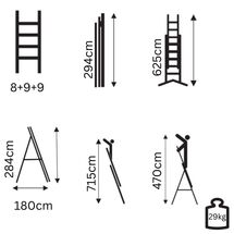 Σκάλα Fiberglass 3X9 (8+9+9) Επαγγελματική Σκαλιά Αλουμινίου Μόνωση ΜΑΧ Ύψος 6.25cm Βάρος 29kg MAX Αντοχή 150kg Πιστοποίηση EN131 TUV EN 61478