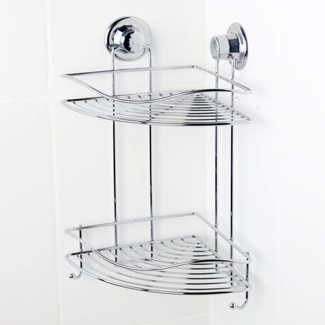 TEKNO-TEL Γωνιακή Ραφιέρα Μπάνιου 2όροφη 29.5x21x40cm Πάχος 7mm Αντοχή 12kg Επιχρωμιωμένο Ατσάλι με Βεντούζα EXTRA STRONG