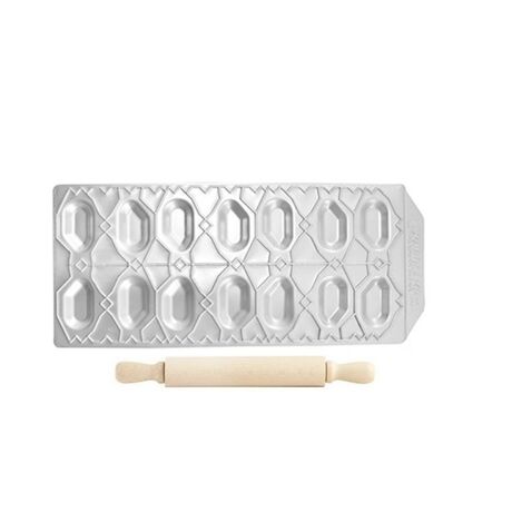 IMPERIA Ιταλίας Raviolamp Φόρμα Design 14 θέσεων Αλουμινίου Ασημί για Ζυμαρικά Pesciolini 32x14x1.5cm και Ξύλινος Πλάστης