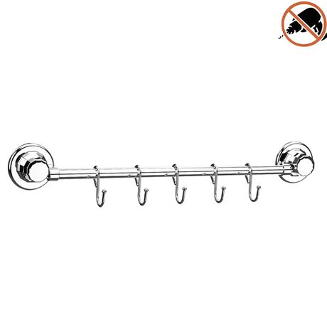 TEKNO-TEL Ράγα Κουζίνας με 5 Γάντζους Μήκος 40cm Ø16cm Επιχρωμιωμένο Ατσάλι με Βεντούζα EXTRA STRONG