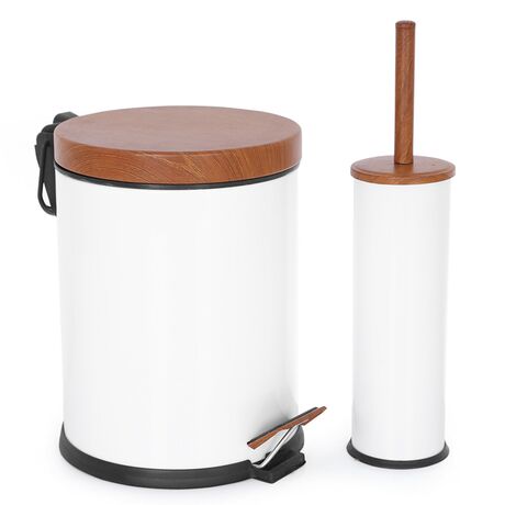 Σετ Κάδος Μπάνιου με Πεντάλ Ø20.5x28cm 5lt με Εσωτερικό Κάδο και Πιγκάλ Ø8.5x36cm Μεταλλικό Λευκό με Καπάκι Απομίμηση Ξύλου