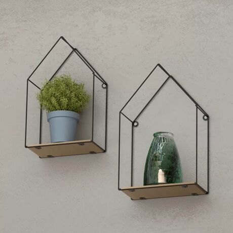 TEKNO-TEL Ράφια Διακοσμητικά 21x10x33cm και 19x10x30cm με Μεταλλικό Σκελετό Μαύρο σε Σχήμα Σπιτιού και Ξύλινη Βάση