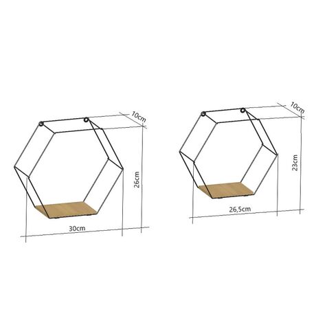 TEKNO-TEL Ράφια Διακοσμητικά 30x10x26cm και 26.5x10x23cm Εξάγωνο Σχήμα Ατσάλι Βαμμένο Μαύρο με Βάση MDF