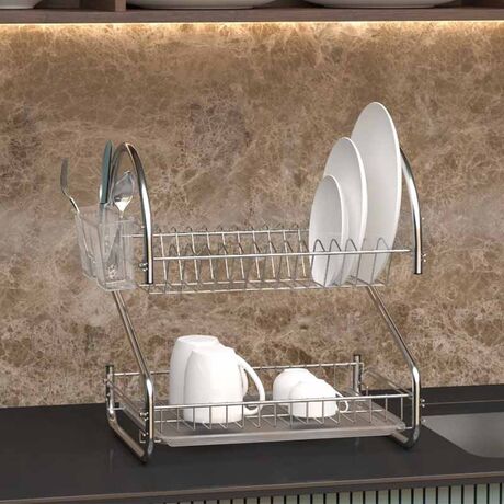 TEKNO-TEL Πιατοθήκη Στεγνωτήριο 2όροφο 46x30x44cm 15 Θέσεις Πιάτων Ανοξείδωτη με Θήκη και Δίσκο
