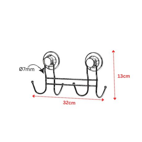 TEKNO-TEL Άγκιστρο-Κρεμάστρα Μπάνιου 4 Θέσεων 32x5x13cm Πάχος 7mm Αντοχή 12kg Επιχρωμιωμένο Ατσάλι με Βεντούζα EXTRA STRONG