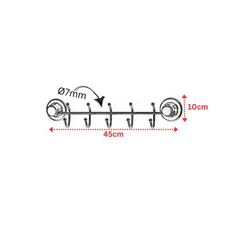 TEKNO-TEL Κρεμάστρα Μπάνιου με 5+5 Θέσεις 45x5x10cm Πάχος 7mm Αντοχή 12kg Επιχρωμιωμένο Ατσάλι με Βεντούζα EXTRA STRONG