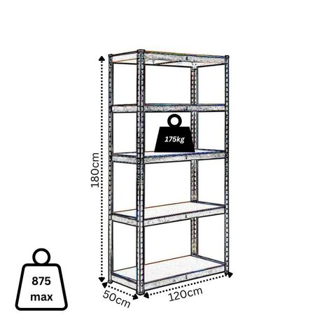 VESTA Μεταλλική Γαλβανιζέ Ραφιέρα Dexion 5όροφη 120x50x180cm με Μοριοσανίδες Πάχους 4mm 15.5kg Πάχος Δοκών 0.7mm MAX Αντοχή 875kg (175kg / Ράφι) Μαύρη