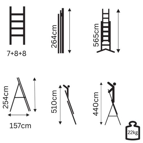 Σκάλα Fiberglass 3X8 (7+8+8) Επαγγελματική Σκαλιά Αλουμινίου Μόνωση ΜΑΧ Ύψος 5.65cm Βάρος 22kg MAX Αντοχή 150kg Πιστοποίηση EN131 TUV EN 61478