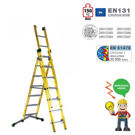 Σκάλα Fiberglass 3X9 (8+9+9) Επαγγελματική Σκαλιά Αλουμινίου Μόνωση ΜΑΧ Ύψος 6.25cm Βάρος 29kg MAX Αντοχή 150kg Πιστοποίηση EN131 TUV EN 61478