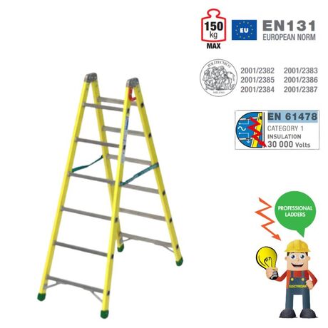 Σκάλα Fiberglass Διπλή-Σχήμα ''Λ'' (8+8) Επαγγελματική Σκαλιά Αλουμινίου Μόνωση ΜΑΧ Ύψος 180.6cm Βάρος 11.7kg MAX Αντοχή 150kg Πιστοποίηση EN131 TUV EN 61478 [CLONE] [CLONE]