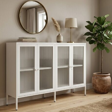 STEELEN COLOR Μεταλλικό Ντουλάπι - Έπιπλο Τηλεόρασης 160x45x55cm Πάχους 0.8mm Εσωτερικού Χώρου με Πόδια και Τζάμι White