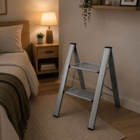 VESTA Σκαλοσκαμπό Αλουμινίου 39x52.6x62.4cm με 2 Σκαλιά MAX Αντοχή Βάρους 150kg Βάρος 2.2kg Ασημί